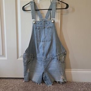 Denim Maternity Overalls with Distressed Hem